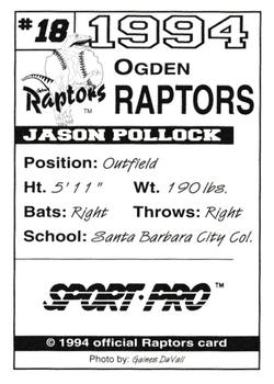 1994 Sport Pro Ogden Raptors #18 Jason Pollock Back
