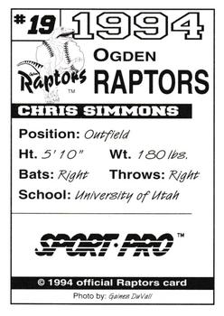 1994 Sport Pro Ogden Raptors #19 Chris Simmons Back