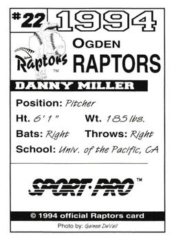 1994 Sport Pro Ogden Raptors #22 Danny Miller Back