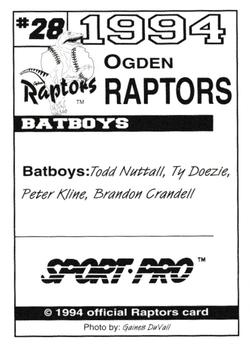 1994 Sport Pro Ogden Raptors #28 Todd Nuttall / Ty Doezie / Peter Kline / Brandon Crandell Back
