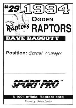 1994 Sport Pro Ogden Raptors #29 Dave Baggott Back