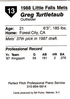1988 Pucko Little Falls Mets #13 Greg Turtletaub Back