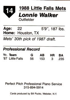 1988 Pucko Little Falls Mets #14 Lonnie Walker Back
