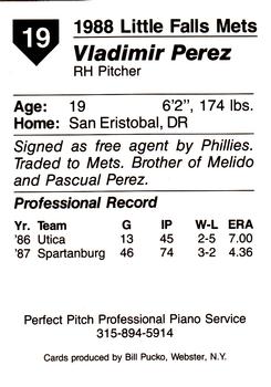 1988 Pucko Little Falls Mets #19 Vladimir Perez Back