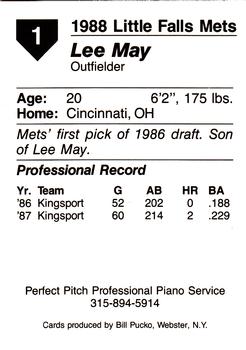1988 Pucko Little Falls Mets #1 Lee May Jr. Back