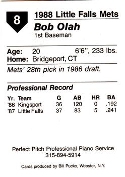 1988 Pucko Little Falls Mets #8 Bob Olah Back