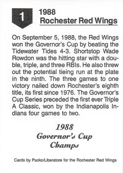 1988 Pucko Rochester Red Wings Governor's Cup #1 Rochester Red Wings Back
