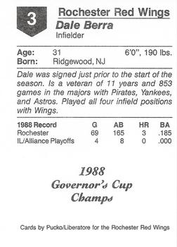 1988 Pucko Rochester Red Wings Governor's Cup #3 Dale Berra Back