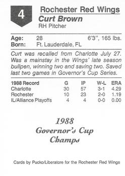 1988 Pucko Rochester Red Wings Governor's Cup #4 Curt Brown Back