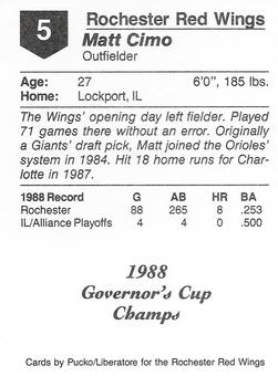 1988 Pucko Rochester Red Wings Governor's Cup #5 Matt Cimo Back