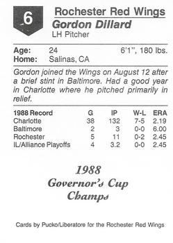 1988 Pucko Rochester Red Wings Governor's Cup #6 Gordon Dillard Back