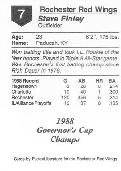 1988 Pucko Rochester Red Wings Governor's Cup #7 Steve Finley Back