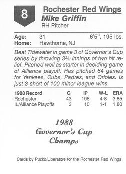 1988 Pucko Rochester Red Wings Governor's Cup #8 Mike Griffin Back