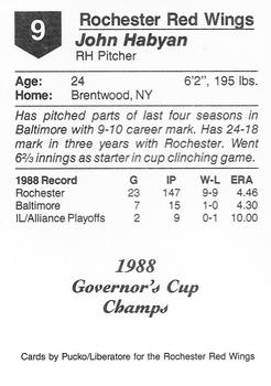 1988 Pucko Rochester Red Wings Governor's Cup #9 John Habyan Back