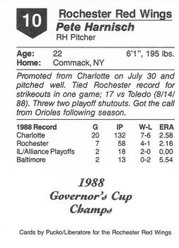 1988 Pucko Rochester Red Wings Governor's Cup #10 Pete Harnisch Back