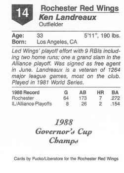 1988 Pucko Rochester Red Wings Governor's Cup #14 Ken Landreaux Back