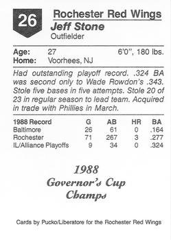 1988 Pucko Rochester Red Wings Governor's Cup #26 Jeff Stone Back