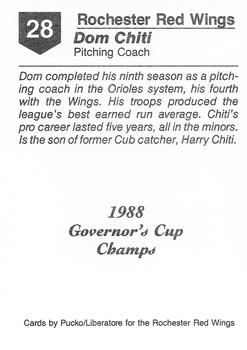 1988 Pucko Rochester Red Wings Governor's Cup #28 Dom Chiti Back