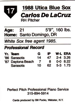 1988 Pucko Utica Blue Sox #17 Carlos DeLaCruz Back