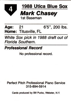 1988 Pucko Utica Blue Sox #4 Mark Chasey Back
