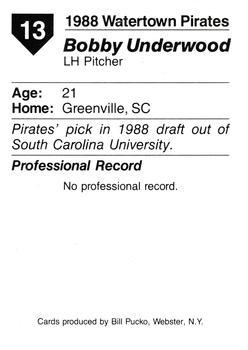 1988 Pucko Watertown Pirates #13 Bobby Underwood Back