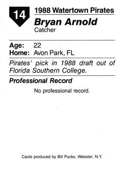 1988 Pucko Watertown Pirates #14 Bryan Arnold Back
