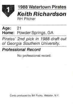 1988 Pucko Watertown Pirates #1 Keith Richardson Back