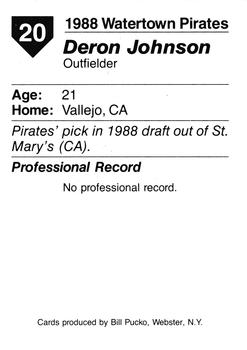 1988 Pucko Watertown Pirates #20 Deron Johnson Back