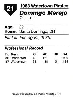 1988 Pucko Watertown Pirates #21 Domingo Merejo Back