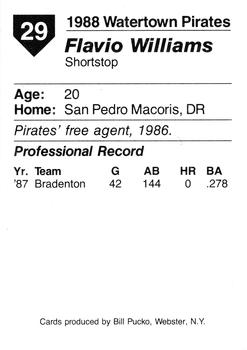1988 Pucko Watertown Pirates #29 Flavio Williams Back