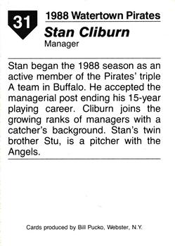1988 Pucko Watertown Pirates #31 Stan Cliburn Back