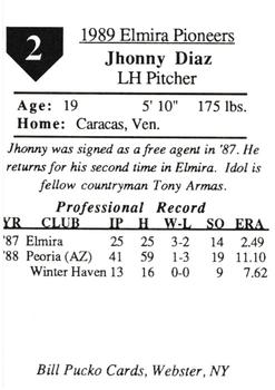 1989 Pucko Elmira Pioneers #2 Jhonny Diaz Back