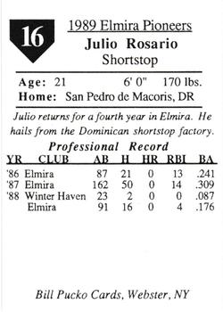 1989 Pucko Elmira Pioneers #16 Julio Rosario Back