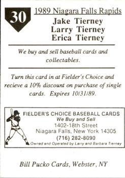 1989 Pucko Niagara Falls Rapids #30 Fielders Choice Ad (Jake Tierney / Larry Tierney / Erica Tierney) Back