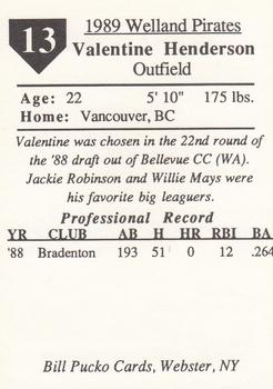 1989 Pucko Welland Pirates #13 Valentine Henderson Back
