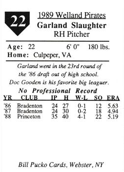 1989 Pucko Welland Pirates #22 Garland Slaughter Back
