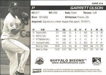 2012 Choice Buffalo Bisons #14 Garrett Olson Back