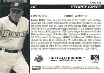 2012 Choice Buffalo Bisons #28 George Greer Back
