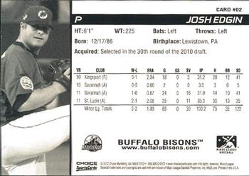 2012 Choice Buffalo Bisons #2 Josh Edgin Back