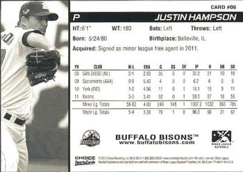 2012 Choice Buffalo Bisons #6 Justin Hampson Back