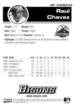 2011 Choice Buffalo Bisons #03 Raul Chavez Back