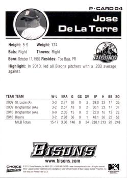2011 Choice Buffalo Bisons #04 Jose De La Torre Back