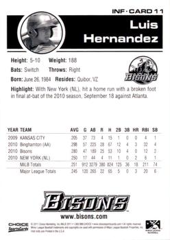 2011 Choice Buffalo Bisons #11 Luis Hernandez Back