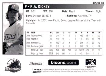 2010 Choice Buffalo Bisons #8 R.A. Dickey Back