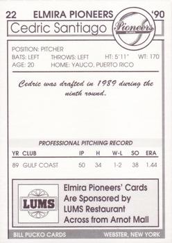 1990 Pucko Elmira Pioneers #22 Cedric Santiago Back
