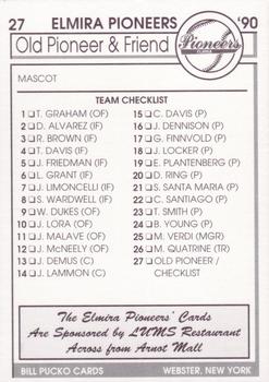 1990 Pucko Elmira Pioneers #27 Checklist / Old Pioneer & Friend Back