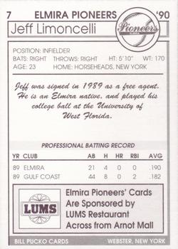 1990 Pucko Elmira Pioneers #7 Jeff Limoncelli Back