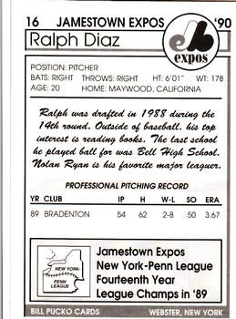 1990 Pucko Jamestown Expos #16 Ralph Diaz Back