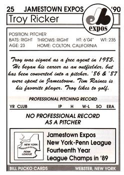 1990 Pucko Jamestown Expos #25 Troy Ricker Back