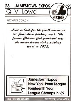 1990 Pucko Jamestown Expos #28 Q.V. Lowe Back